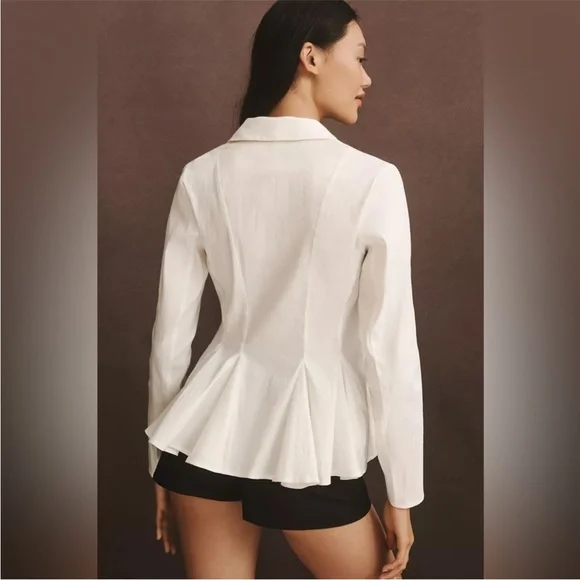 BNWT BY ANTHROPOLOGIE LONG-SLEEVE COLLARED LINEN PEPLUM OFF-WHITE BLOUSE - Picture 2 of 5
